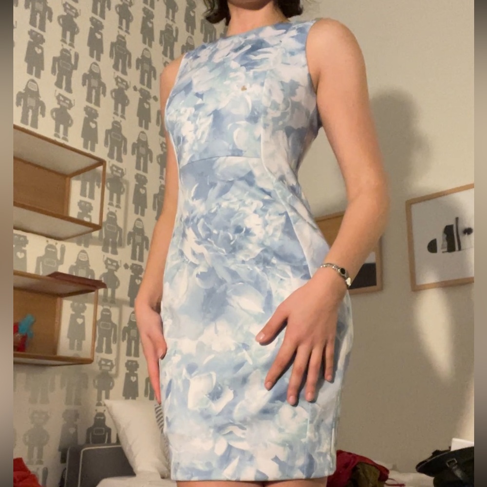Baby blue printed office dress corporate knee length high neck modest dress